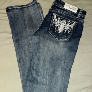 Grace in LA Dark Blue Bootcut Jeans with Beaded Embroidered Pocket